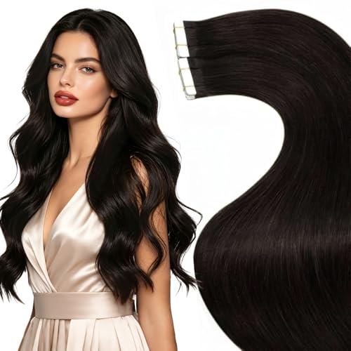 Image of LaaVoo Tape in Hair Extensions Human Hair Silky Add Volume for Short Hair | Tape in Extensions Human Hair, Fully Invisible, Reusable Hair, Better Long Term Value, #2 Darkest Brown, 10 Inch 20Pcs 30G