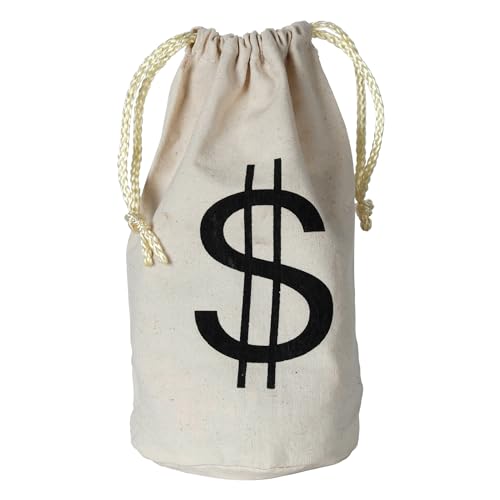 Beistle "$" Bag – Fabric Money Bag with Black Dollar Sign Print and Drawstring Cord, Natural Canvas Color for Costume Accessories, Casino Western Party Décor, or Bank Robbery Themed Events, 8½" x 6½"