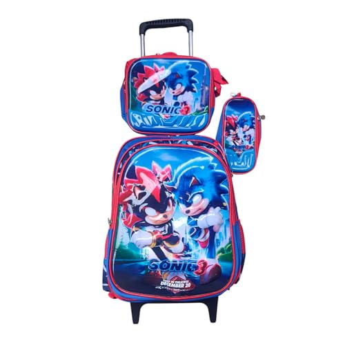 Kit Mochila Sonic 3 em Alto Relevo com Rodinhas + Lancheira Térmica + Estojo Escolar Infantil em 3D