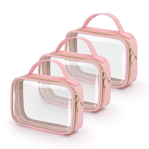 Wedama TSA Approved Toiletry Bag, 2 Pack Clear Makeup Bags with Handles, Quart Size Toiletry Bags, PVC Clear Cosmetic Bags for Women and Men, Carry on Airport Airline Compliant Bag, Pink