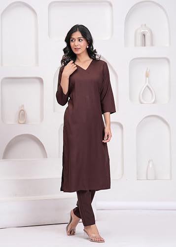 Image of Rayon Plain V Neck Kurta Pant Set for Women and Girls