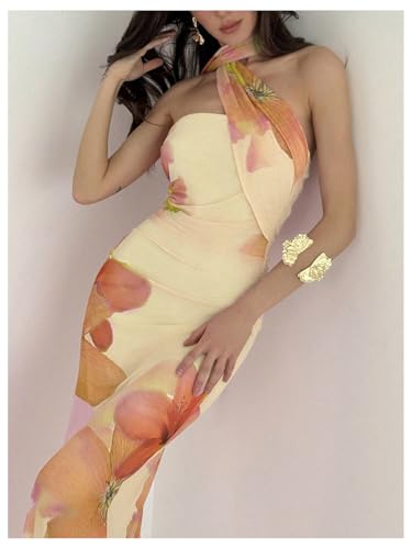 Image of Milumia Women's Halter Floral Bodycon Dress Summer Vacation Sleeveless Party Cocktail Maxi Dresses
