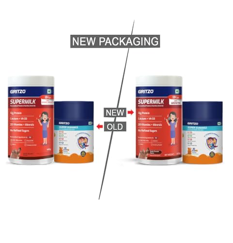 Image of Gritzo SuperMilk Growth (13+y Girls) (Double Chocolate, 400g) with Super Gummies (Natural Orange Flavour, 30 Gummies) | Pack of 2