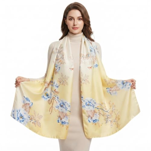 Image of Women's Floral Printed Silk Scarf | Premium Soft Lightweight Stole & Shawl | Fashion Neck Wrap for Wedding, Evening, Travel & Daily Wear | 180 x 90 cm