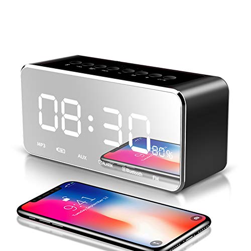 Große Anzahl Display Desktop LED Digital Wecker mit Wireless Bluetooth Lautsprecher von Subwoofer Tisch Snooze Spiegel Uhr,Black