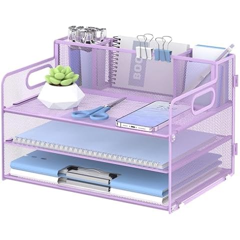 JMHUD 3 Tier Paper Organizer with 3 Pen Holders & Handles, Mesh Desk Organizer for File Paper Letter Folder Mail Document Storage, Home Office Supplies (Purple) Cover