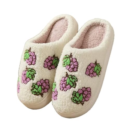 JadeRich Women's Cute Fruits Pattern Curly Fleece Slippers Warm Comfy Plush Memory Foam Anti Slip House Shoes
