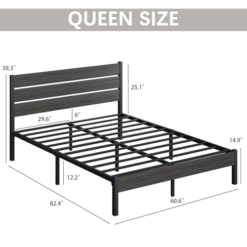 Image of Fluest Queen Bed Frame with Headboard and Footboard, Metal Platform Bed Frame with Under Bed Storage, All-Metal Support System, No Box Spring Needed, Easy Assembly,Vintage Grey