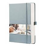 EMSHOI A5 Notebook Dotted Journal 21.4 x 14.5 cm, 256 Pages, 120gsm Thick Paper, 8 Perforated Sheets, Pen Holder, Back Pocket, Hardback Faux Leather Notepad for Bullet Journaling, GrayBlue