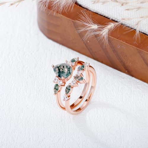 1.5 CT Natural Moss Agate Ring Set - Pear Shape Moss Agate and Moissanite Engagement Rings for Women - 925 Sterling Silver Art Deco Promise Wedding Bridal Set3