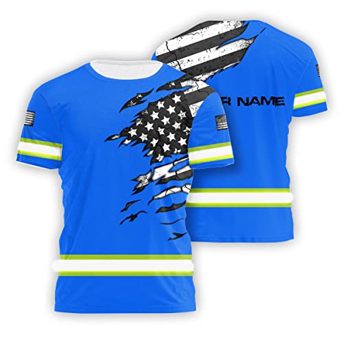 HiVis Custom Safety Shirt Blue Scratch Flags Class 3 Customize Name High Visibility Shirt for Men Reflective Shirt Construction Workwear for Runners, Walkers, Trucker, Operator, Patriotic-M