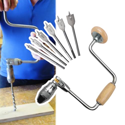 ZQULOYO Carpenters Bit Brace Hand Crank Drill with 12-Inch Swing Arm, Steel and Plastic Construction, Comfortable Non-Slip Handle, Woodworking Tool (Wooden Handle Bit Brace + 6 Drill Bits)