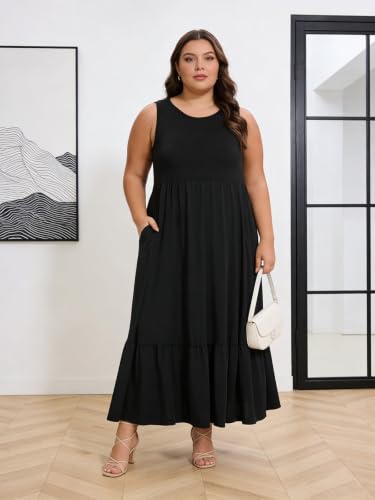 Image of Moon Wood Women's Plus Size Sleeveless Summer Dress Crewneck Tank Casual Flowy Maxi Dress with Pockets Vacation Outfits