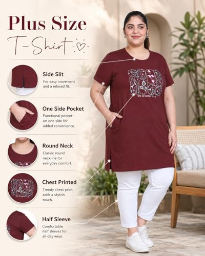 Image of In Love Women's Printed Cotton Plus Size Longline T-Shirt with Pockets | Cotton fabric - soft longline T-shirt with easy plus-size fit