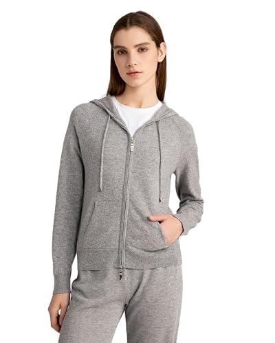 State Cashmere 2-Way Zip Up Hoodie with Pockets and Zipper 100% Pure Cashmere Long Sleeve Sweater for Women Cashmere Hoodies