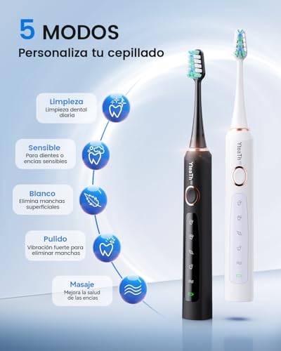 Cepillo de Dientes Eléctrico Sónico Adultos - Cepillo Electrico Sónico Paquete de 2, con 10 Cabezales y Estuche de Viaje, 5 Modos, IPX7 Impermeable, Cepillo Dientes Electrico, Negro y Blanco - imagen 3