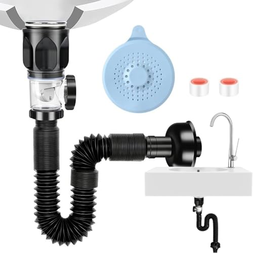 Kit de Desagüe Universal para Lavabo y Fregadero - Incluye Sifón, 2 Cintas Impermeables y Tapa de Silicona - Materiales de Acero Inoxidable y ABS, Tamaño de Conexión de 32MM, Adaptable a Tubos