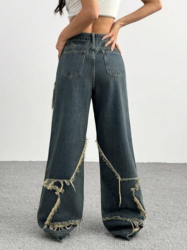 Urchics Womens Casual Pants Fashionable Distressed Wide Leg Jeans with Star Applique2