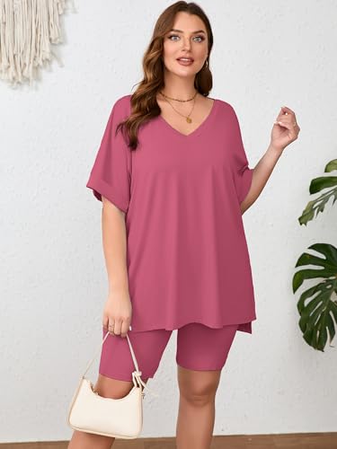 Image of AusLook Women's Plus Size 2 Piece Short Outfits Set Short Sleeve Tops and Shorts Pants Lounge Jogging outfits Matching Set