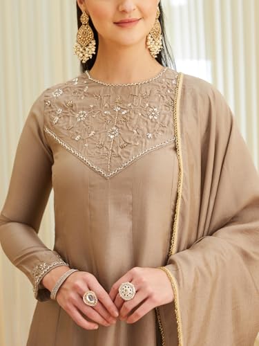 Image of MOKOSH Women's Silk Hand Work Anarkali Kurta Pant with Dupatta | Anarkali Kurta Pant | Embroidered | Round Neck Full Sleeve | 3 Piece Outfit | Ethnic Wear