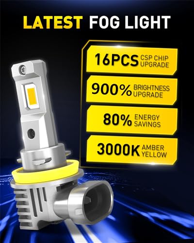Image of AUXITO H11 H8 H16 LED Yellow Fog Light Bulbs, 3000K Amber Yellow Light, 900% Brightness, Truly Mini Size Fog Lights Replacement for Cars, Play and Plug (Pack of 2)