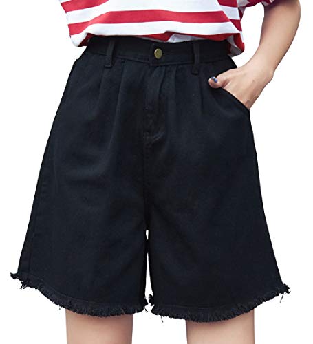 CHARTOU Women's Elastic Waist Wide Leg Raw Hem Loose Bermuda Denim Jean Shorts (Small, Black)