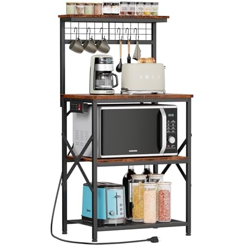 Furologee Kitchen Bakers Rack with Power Outlet, Microwave Oven Stand with Storage 4 Tiers, Coffee Bar Table with 6 S Hooks, Kitchen Storage Shelf Rack for Spices, Pots, Rustic Brown
