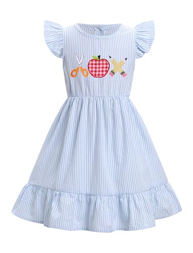 ODOLDI Kids Girls Back to School Dress Flutter Sleeve Round Neck Ruffle A-line Casual Dress