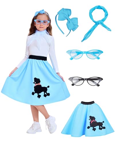 Snirczs Girls Poodle Skirt Costume - 1950s Retro Skirt Headband Scarf Glasses - Halloween Parties Retro Style (Blue)