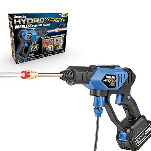 Turbo Jet® HydroX5TM Pro+ Cordless Pressure Washer – 380 PSI | 21V 5000mAh Battery | Dual Water Source | Portable Pressure Washer for Cars, Patios, Bikes & More