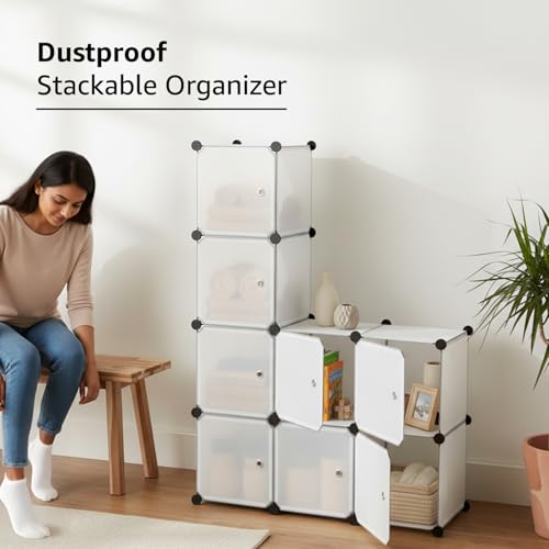 Image of amazon basics Cube Storage Organizer | 8-Cube | 95.5 x 32 x 126 cm | Semitransparent White | PP + Iron | Stackable, Dustproof & Easy Assembly
