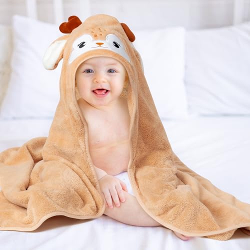 Image of Zainpe 4Pcs Baby Animal Character Hooded Towel & Washcloth Set Brown Coral Fleece Soft Absorbent Cute Deer Bath Towel Blanket Hand Towels Infant Shower Gifts for Newborn Toddler Essential