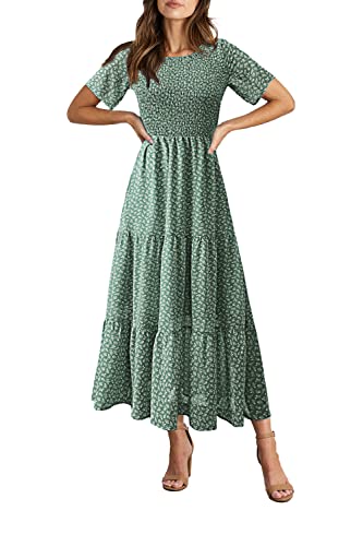 Image of BTFBM Women Casual Short Sleeve Crew Neck Summer Dress Bohemian Floral Printed Flowy Maxi Dresses Tiered Cocktail Dress