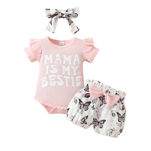 Newborn Baby Girl Clothes Mothers Day Baby Girl Outfit Short Sleeve Ribbed Romper Shorts Set Cute Coming Home Outfit(A-Pink,3-6 Months)