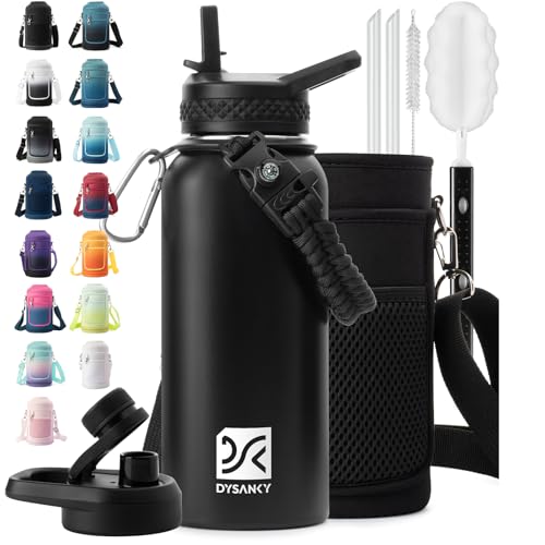 32 oz Insulated Water Bottle | Thickened Stainless Steel Vacuum Metal | Portable Sports Water Jug for Gym and Hiking with Straw, Carrier Bag, Handle Strap | BPA-Free 32 oz, Black