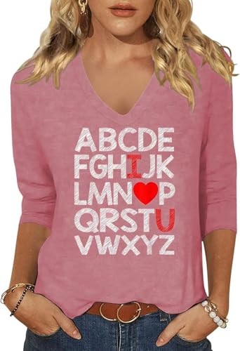 Image of Womens 3 /4 Sleeve V Neck Valentine T Shirts Love Heart Printed Graphic Tee Tops