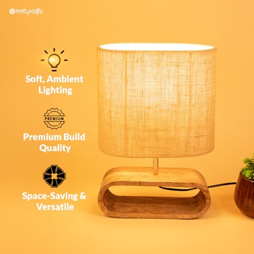 Image of PrettyKrafts Oval Shape Table Lamp (Bulb Not Included) | Natural Color | Size 32x15x40 cm | Wooden Base Decorative Bedside & Living Room Lamp | Modern Home Decor Lighting