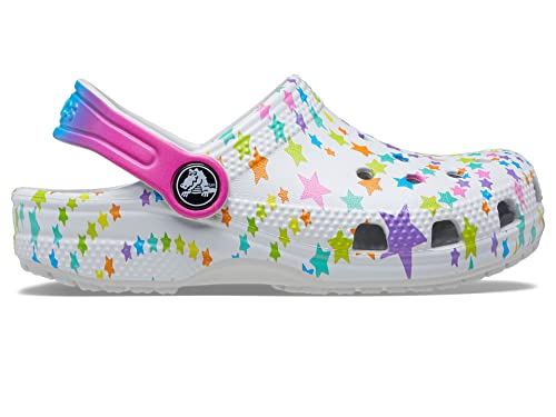 Image of Crocs Kids Classic Clog Seasonal Graphic for Toddler - Thermoplastic Upper with Jibbitz Charms, and Pivoting Heel Strap Shimmer /Multi Disco Party 4 Toddler M