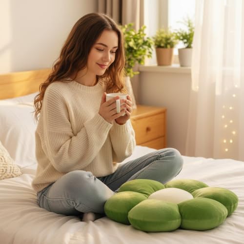 Image of AVSHUB Sunflower Motif 6 Petal Cute Preppy Decorative Throw Pillow|Floor Cushion with Fibre Filling for Aesthetic Decoration (T-Green, 50CM)