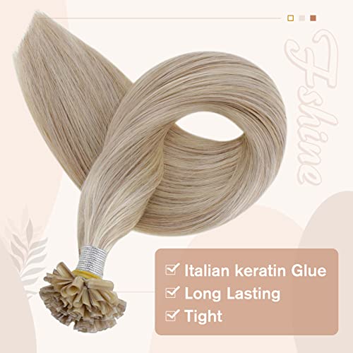 Fshine Nail Tip Hair Extensions Ash Blonde Mixed With Bleach Blond 18 Inch Remy Hair Extension Bondings U Tip 50G/50S Highlight Pre Bonded Fusion Hair Extensions #TOP3
