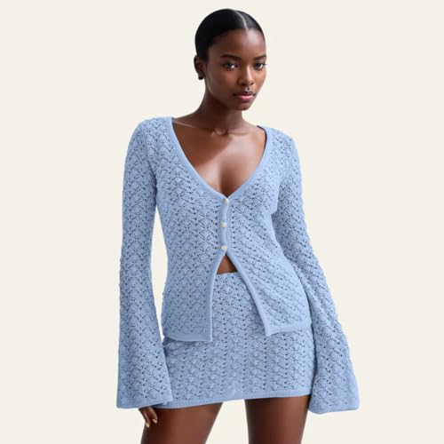 Women Crochet 2 Piece Outfits Set Swimwear Cover Up Flared Long Sleeve Button Down Tops Beach Mini Skirt Vacation Outfits3
