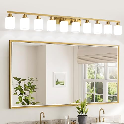 Image of Gold Bathroom Vanity Light,10-Light Brushed Gold Bathroom Light Fixtures with Square Frosted Glass,64.5in Wall Lamp Sconces for Mirror Bedroom,Living Room Hallway,E26