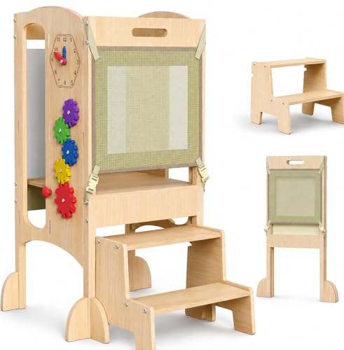Foldable Toddler Tower with 4 Montessori Activities Wooden Kitchen Helper Stool Adjustable Learning Tower with Chalkboard Whiteboard Clock & Magnetic Maze Natural Wood