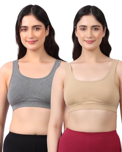 Image of Lavos Bamboo Cotton Comfort Sleeping Bra for Women, Slip On Bras to Wear at Home, Non-Padded & Non-Wired Sports Bras, Full /High Coverage, Soft Comfortable & Breathable Broad Strap Bra (Pack of 2)