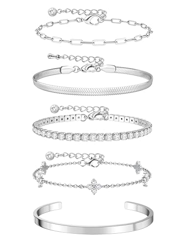KRFY 5 Bracelet Femme Argent Or Ensemble De Bracelets Superposés Bracelet Acier Inoxydable Femme Argent Empilables Bracelets Réglable Zircon Tennis Chaîne...