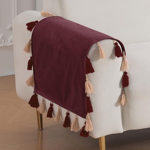 Image of HOKIPO Premium Holland Velvet Armrest Covers with Tassel for Sofa - 'TasselTone Series' (2 Pcs), Wine Red (IN-1102-MRN*2SM)