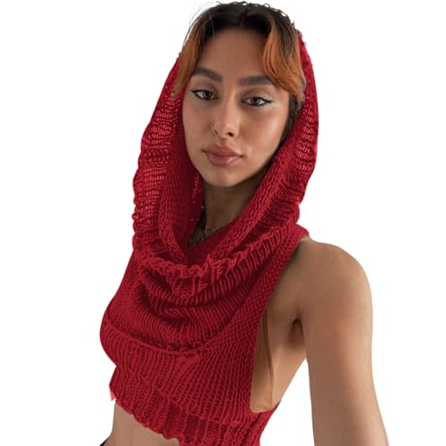 Image of Women's Knitted Hoodie Sweater Vest Sexy Sleeveless Hollow Out Hooded Crop Top Draped Sweatshirt Streetwear