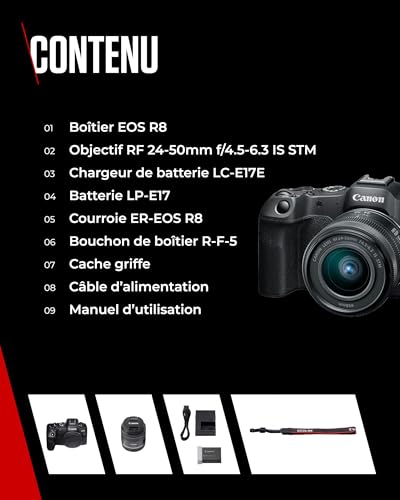 Canon EOS R8 + RF 24-50mm F4.5-6.3 - Appareil Photo Numérique Hybride - Capteur CMOS Plein Format 24,2 Mpx - Appareil Photo Dual Pixel CMOS AF II - Écran Tactile LCD - Compatibilité UVC-UAC