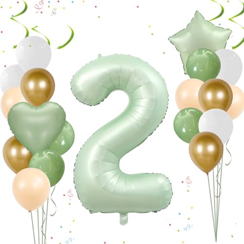 Ligtmor 40 Zoll Luftballons Salbeigrün, 2. Geburtstag Set, Deko 2 Jahre...