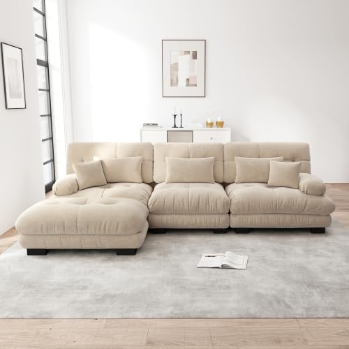 Modułowa sofa z funkcją spania w kształcie litery L z 1 otomaną 3-osobową – kanapa chmurowa z szenilą, bezboneless sofa z funkcją spania i 4 poduszkami, różne kolory 313 x 145 x 81 cm